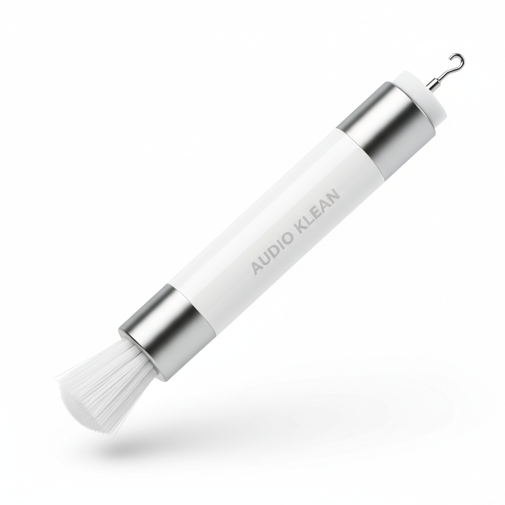 Earbuds cleaning pen with soft bristle tip on white background