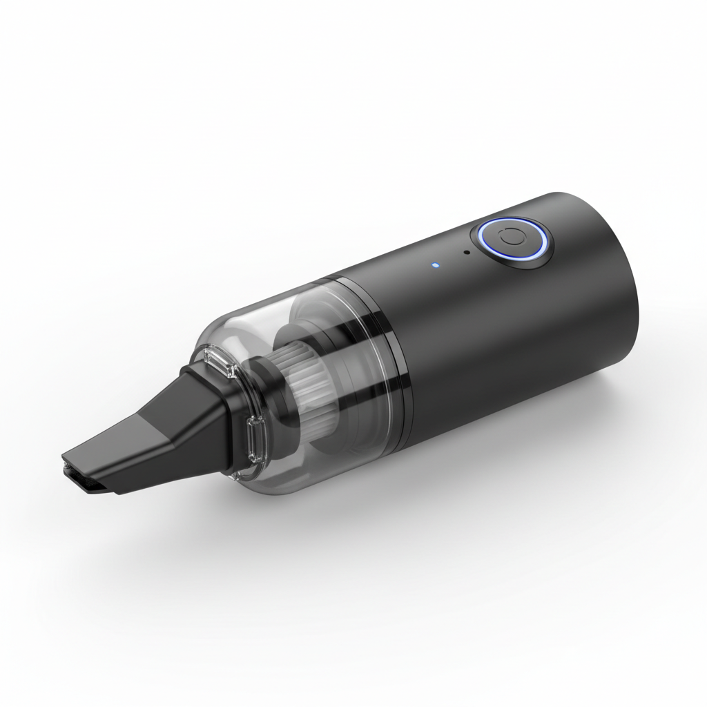 Black mini wireless handheld vacuum on white background