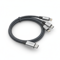 3-in-1 charging cable with USB-C, Lightning and Micro-USB connectors on white background